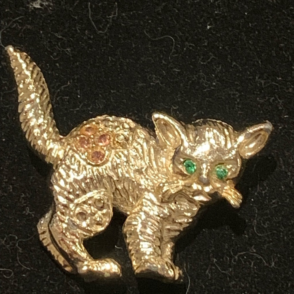 Gold Cat Brooch with Green Accents